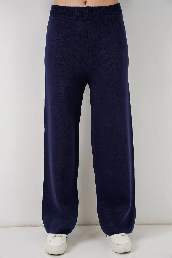 Women's Embroidered Knitwear Cardigan Trousers Two-Piece Suit 15963 - Navy Blue