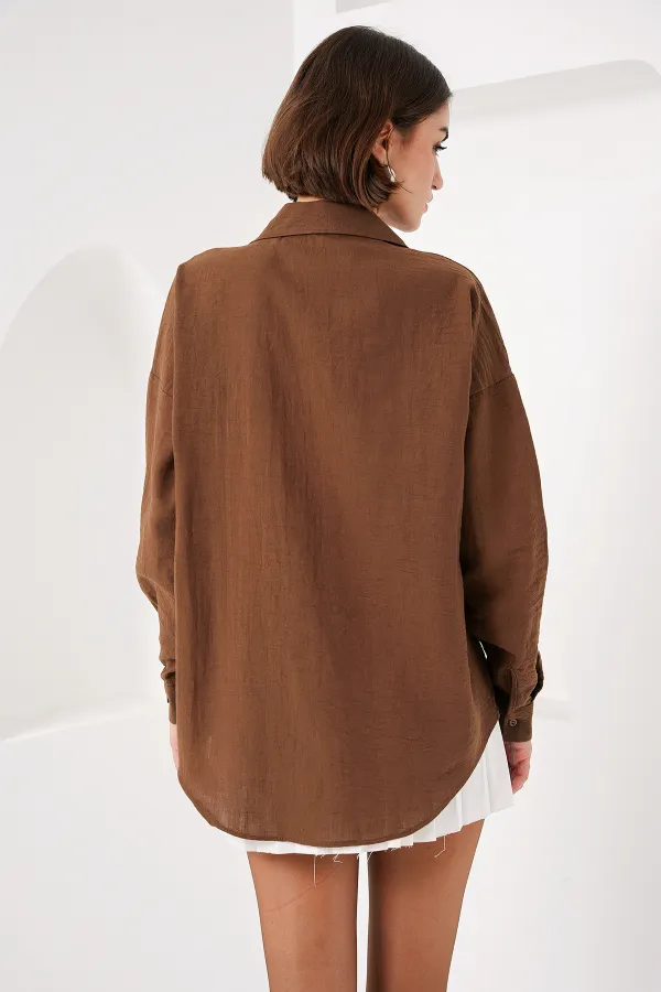 Chemise oversize en lin à poche unique 20153 - Marron clair