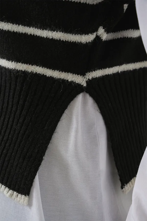 Kadın Çizgili Triko Süveter 15926 - Siyah