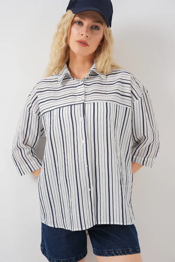 Chemise rayée à manches courtes pour femme 20344 - Bleu marine clair