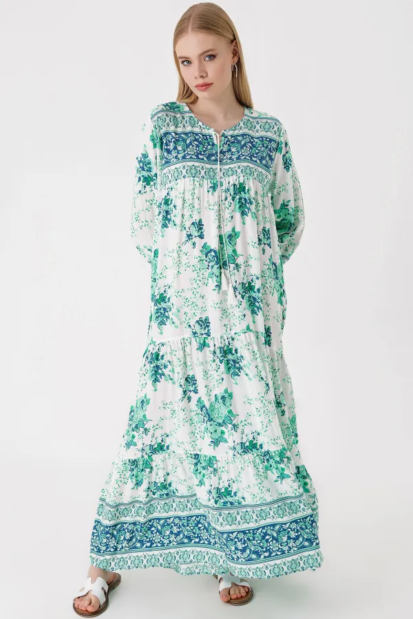 1947 Desenli Uzun Elbise - E.Yeşil