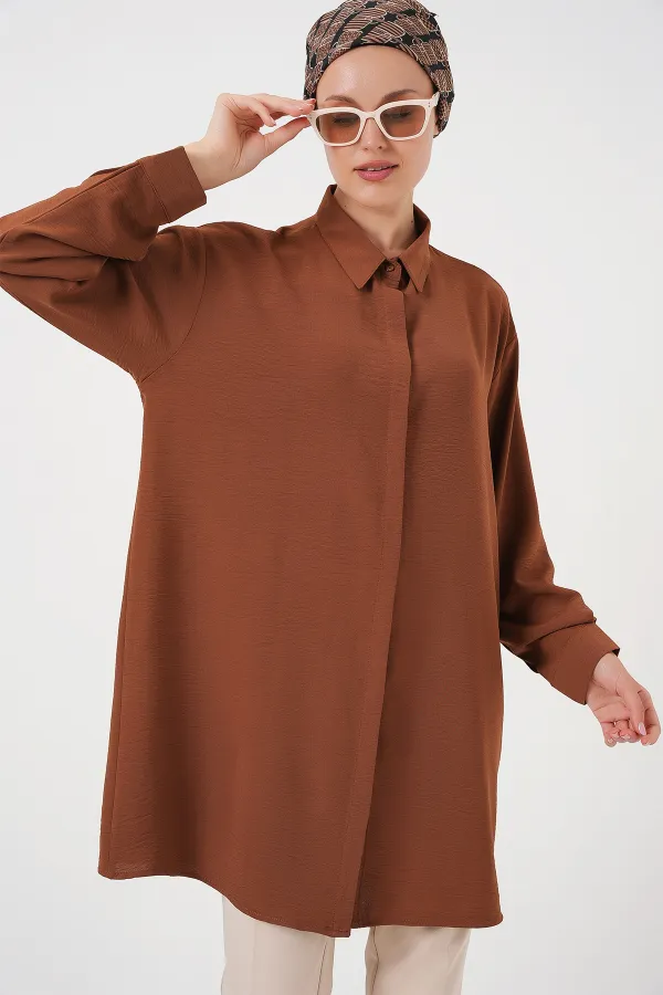 Women's Long Shirt Tunic 5945 - Tan Women's Long Shirt Tunic 5945 - Tan