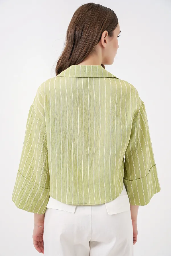 Kadın Çizgili Oversize Kısa Gömlek 20326 - E.Yeşil