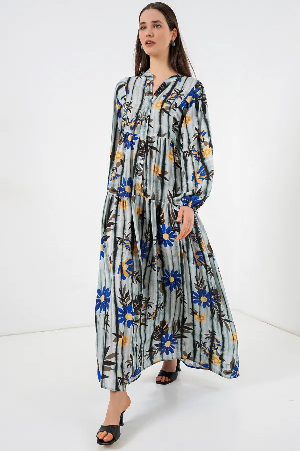 Women's Patterned Long Hijab Dress 2585 - Dark Gray