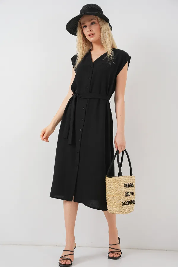 Women's Sleeveless Belted Ayrobin Dress 2568 - Black