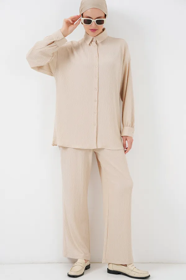 Kadın Örme Tesettür Alt Üst Takım 6711 - Krem