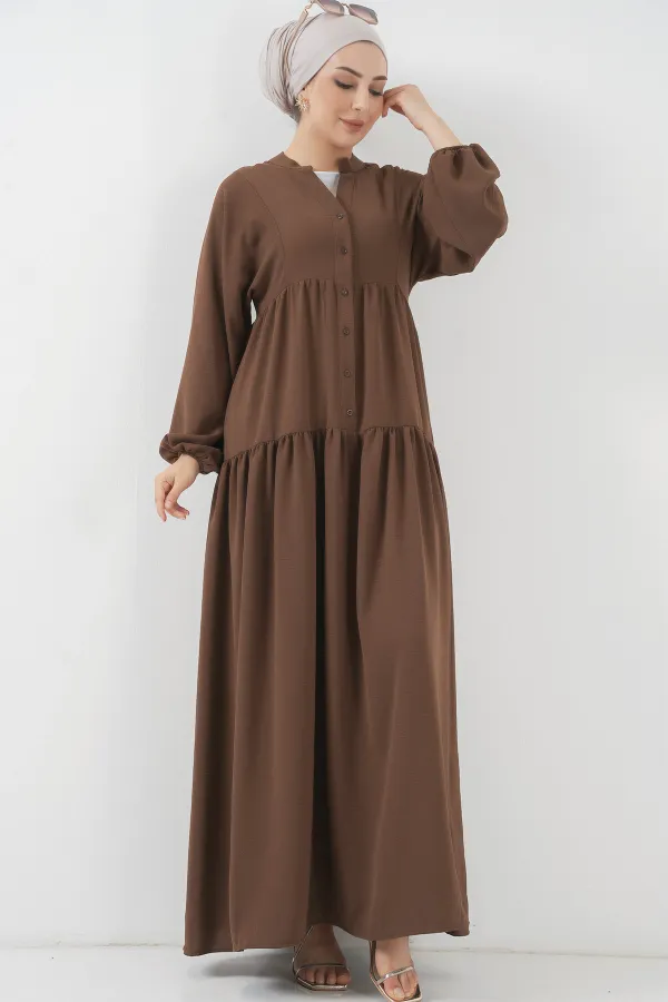 2527 Kadın Uzun Tesettür Elbise - Kahverengi