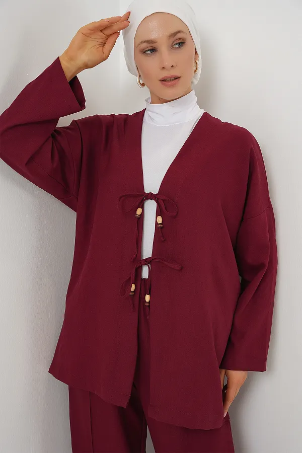 Kadın Keten Kimono İkili Takım 6727 - Bordo