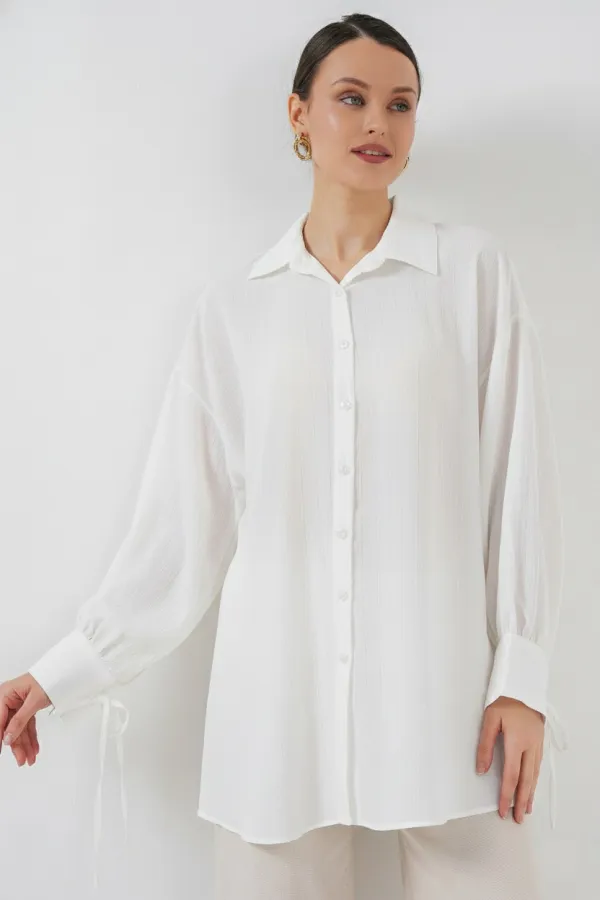 Kadın Oversize Bağcıklı Gömlek 5954 - Beyaz