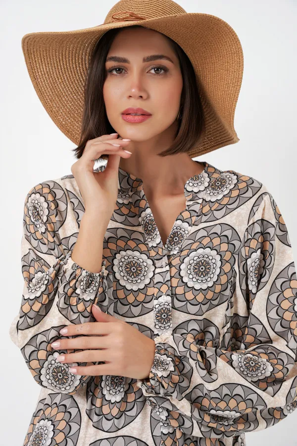 Robe longue hijab à motifs pour femme 2585 - Beige clair