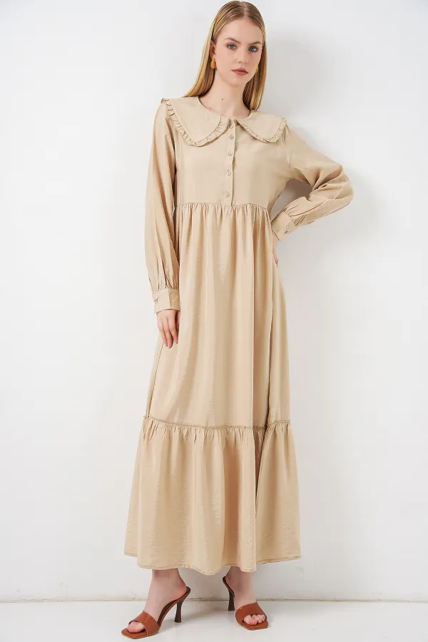 Kadın Bebe Yaka Uzun Tesettür Elbise 2592 - Bej
