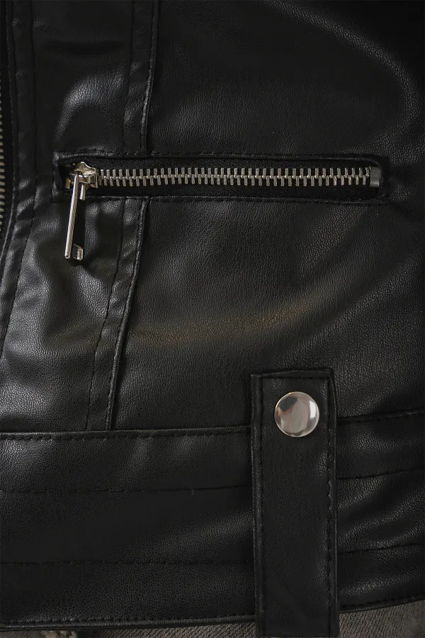 1025 Suni Deri Biker Ceket - Siyah