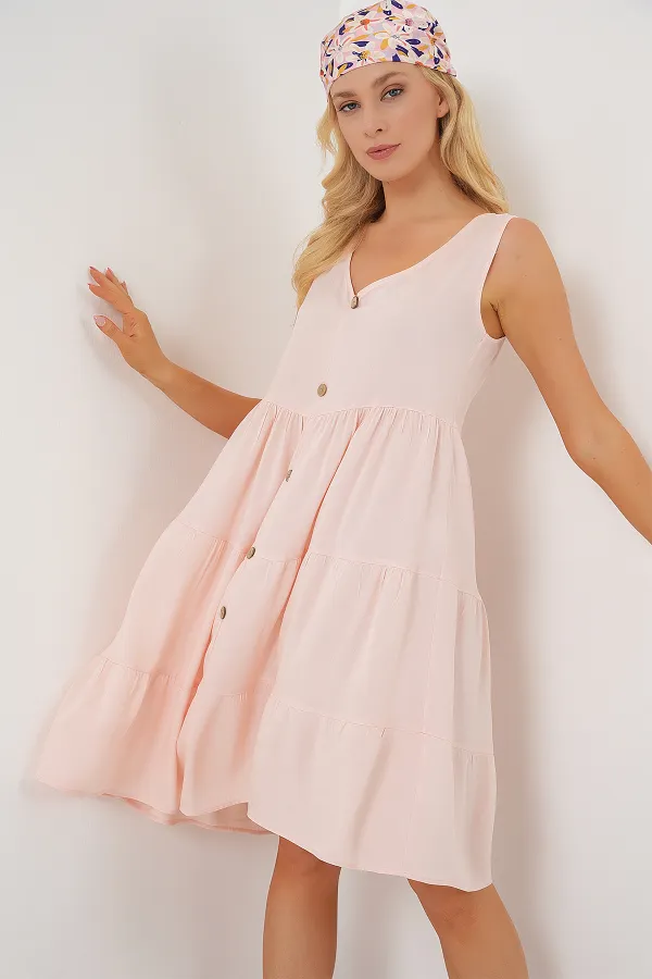 Women's Zero Sleeve Button Short Dress 2571 - Powder