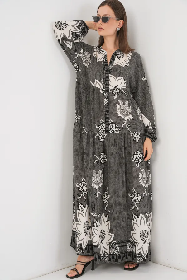 Robe longue hijab à motifs pour femme 2585 - Anthracite