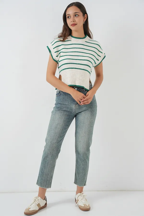 Kadın Çizgili Triko Süveter 15926 - Zümrüt Yeşili