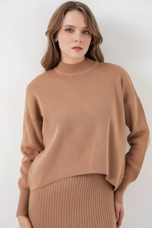 Kadın Kısa Kazaklı Triko Elbise 15958 - Camel