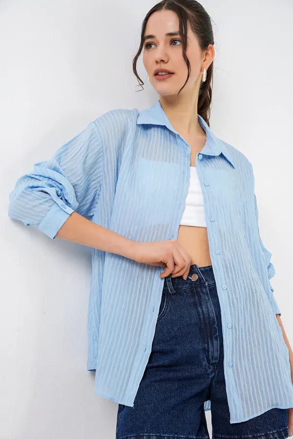 Kadın Uzun Oversize Gömlek 20320 - Mavi