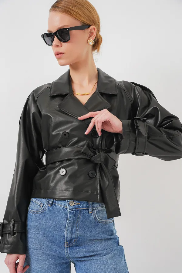 Kemerli Siyah Suni Deri Ceket 0698