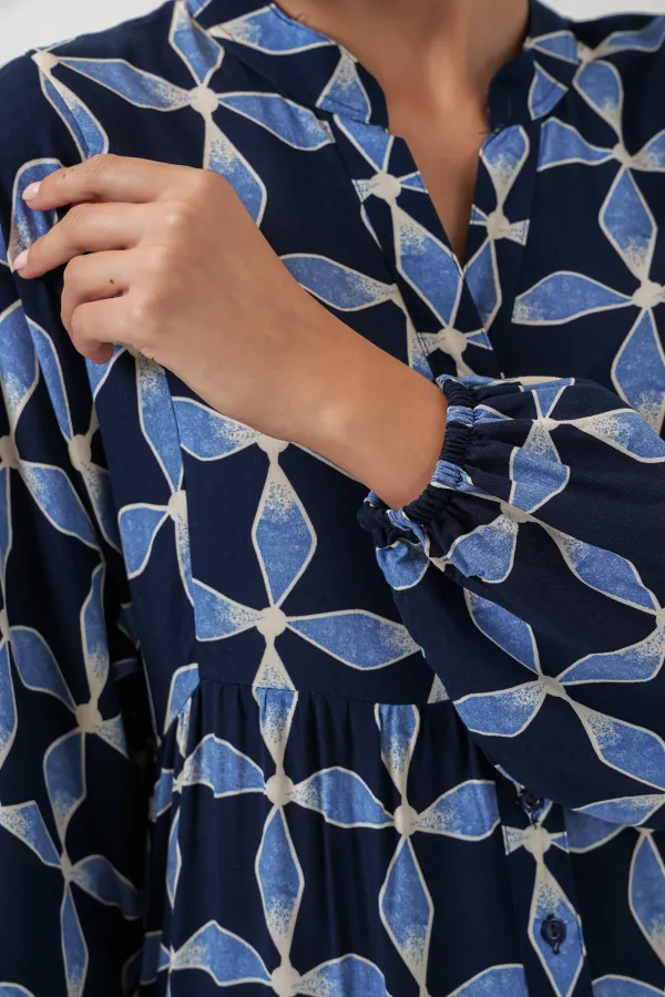 Kadın Desenli Uzun Tesettür Elbise 2585 - M. Lacivert