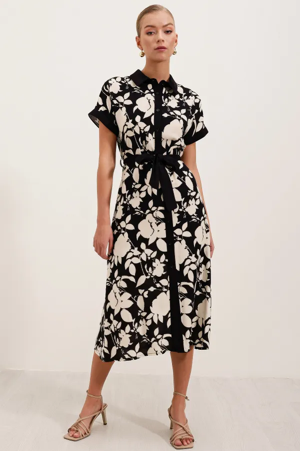 2455 Patterned Shirt Dress - Black