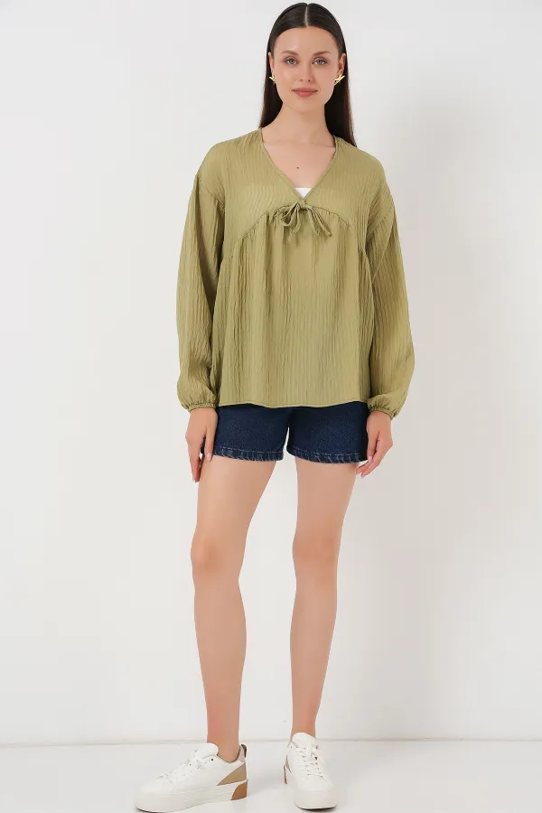 Kadın Önü Bağcıklı Uzun Kol Bluz 946 - Çağla