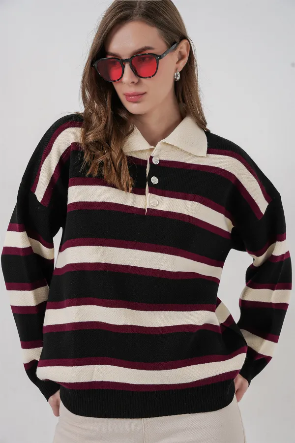 Women's Striped Polo Neck Knitwear Sweater 15952 - Black