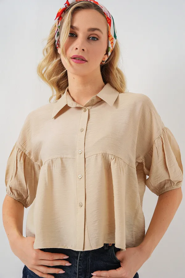 Kadın Kısa Kol Crop Gömlek 20335 - Bej