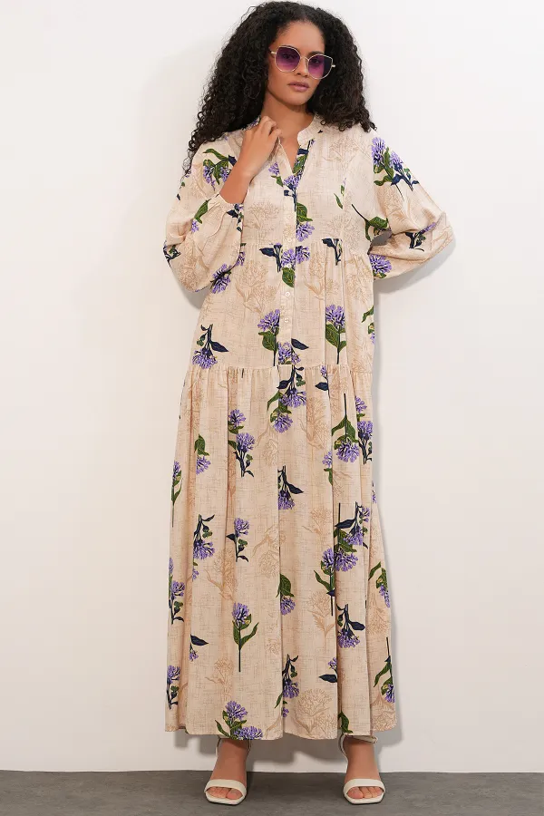 Women's Patterned Long Hijab Dress 2585 - Light Lilac Women's Patterned Long Hijab Dress 2585 - Light Lilac