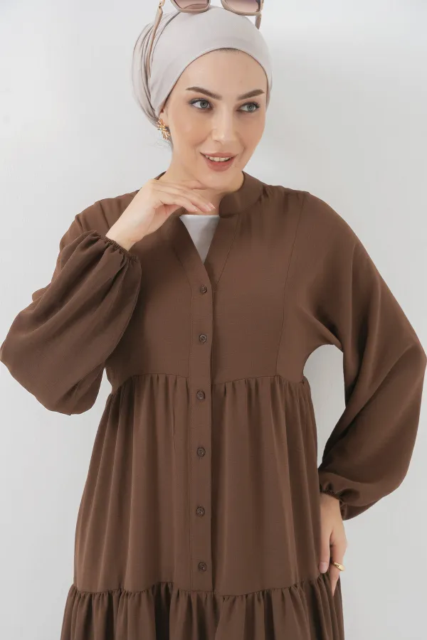 2527 Kadın Uzun Tesettür Elbise - Kahverengi