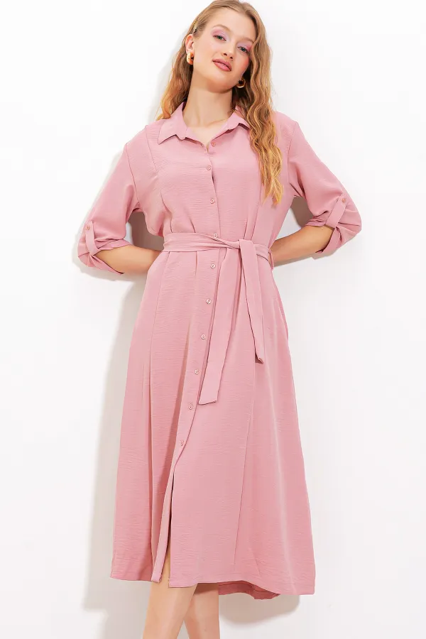 Robe-chemise ceinturée couleur poudre pour femme 2442