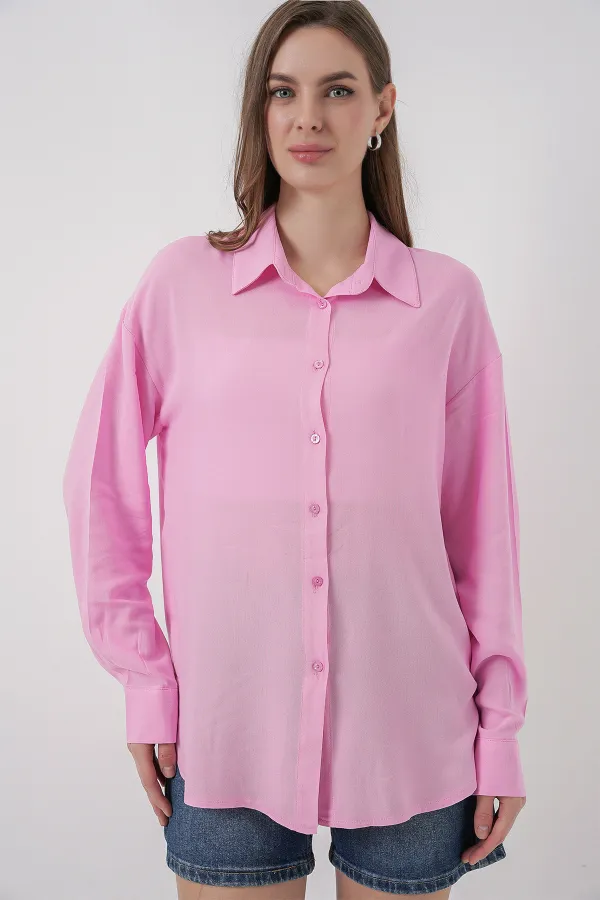 Kadın Oversize Viskon Gömlek 3785 - Pembe