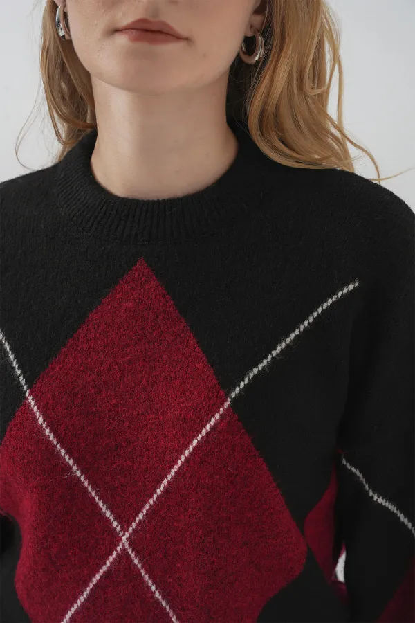 Pull oversize en maille à motif baklava 15895 - Noir