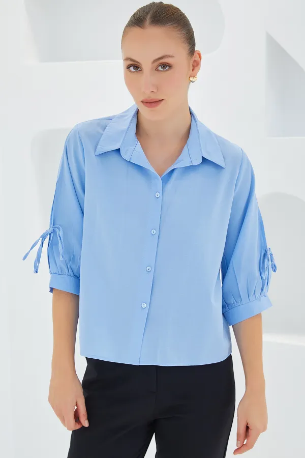 Women's Sleeve Detailed Blue Crop Shirt 20246
