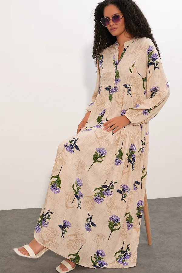 Women's Patterned Long Hijab Dress 2585 - Light Lilac Women's Patterned Long Hijab Dress 2585 - Light Lilac