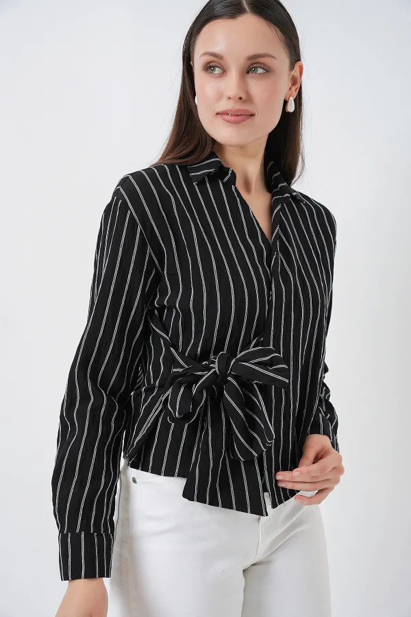 Women's Front Tie Striped Shirt 20362 - Black Women's Front Tie Striped Shirt 20362 - Black