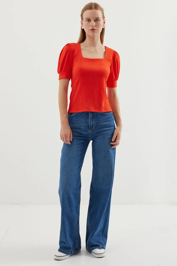 0409 Square Neck Knitted Blouse - Oranje