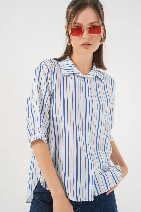 Women's Striped Short Sleeve Shirt 20345 - Blue