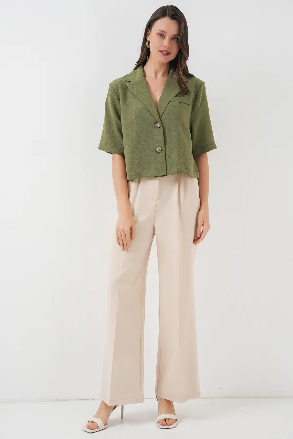 0706 Crop Keten Ceket - Haki