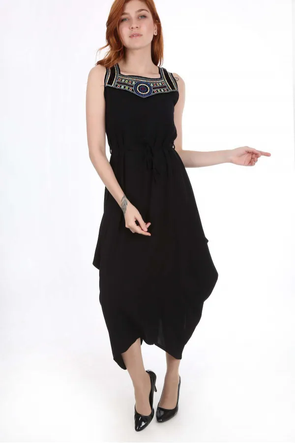 1512 Embroidered Front Dress - Black
