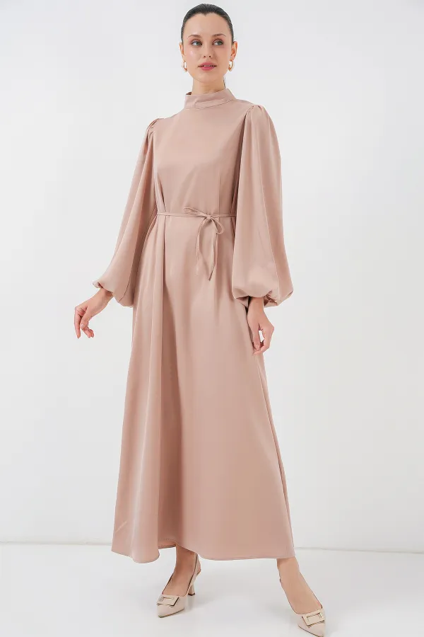 2510 Satin Hijab Evening Dress - Biscuit