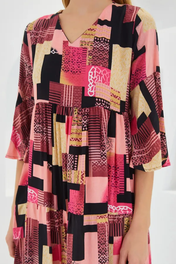 Robe courte en viscose à motifs fuchsia et noirs pour femme, manches courtes, 1959
