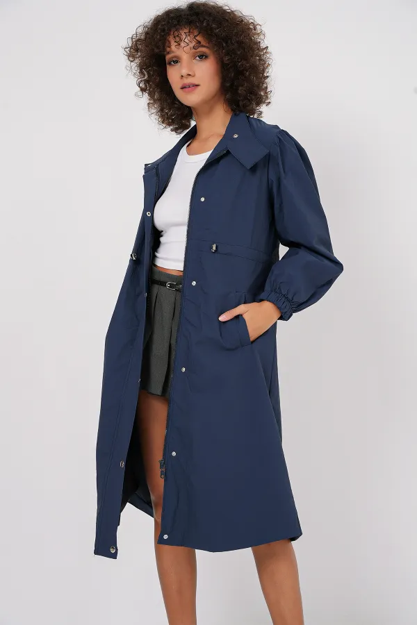 5939 Lined Long Trench Coat - Navy Blue