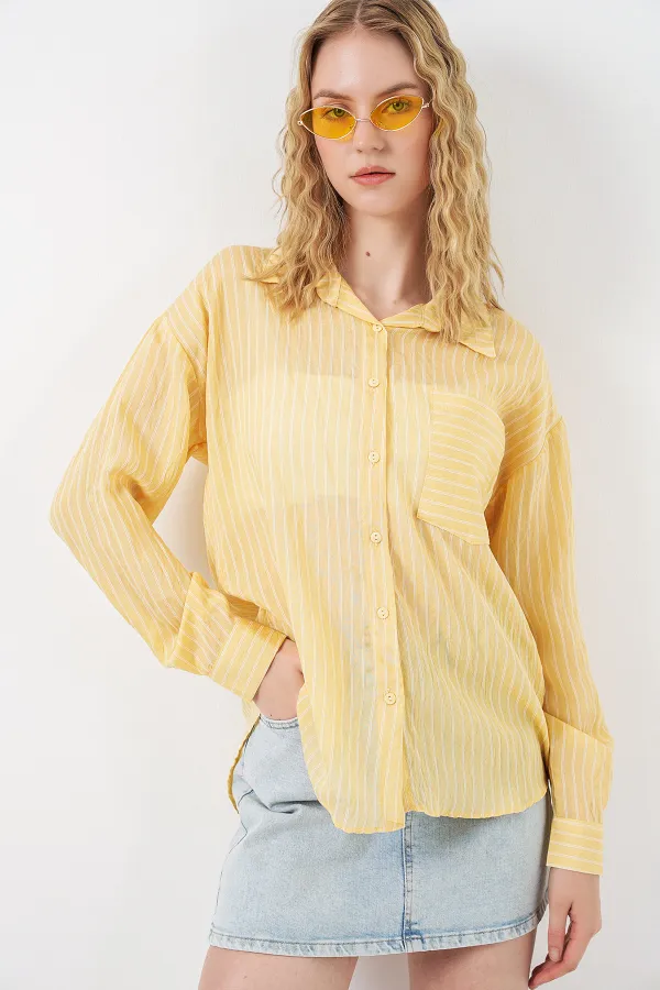 Kadın Tek Cepli Çizgili Oversize Gömlek 20375 - Sarı Kadın Tek Cepli Çizgili Oversize Gömlek 20375 - Sarı