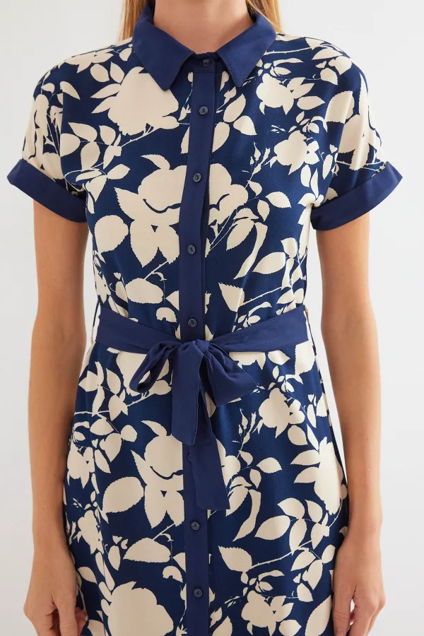 2455 Patterned Shirt Dress - Navy Blue
