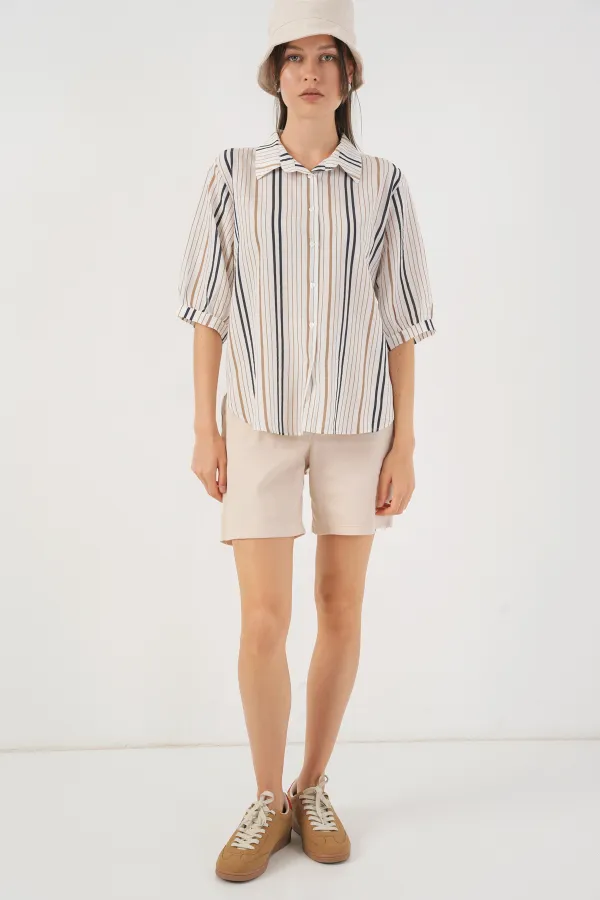 Women's Striped Short Sleeve Shirt 20345 - Beige