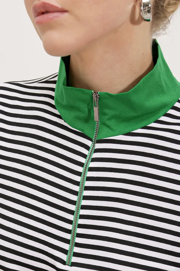 Women's Green Polo Collar Zippered Striped T-Shirt 0497