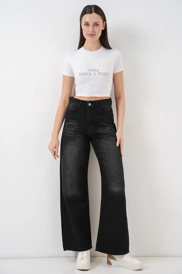 Kadın Bol Paça Yüksek Bel Palazzo Kot Pantolon 6656 - Siyah