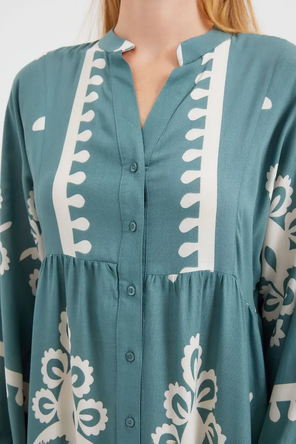 2423 Otantik Desenli Tesettür Elbise - F.Mint