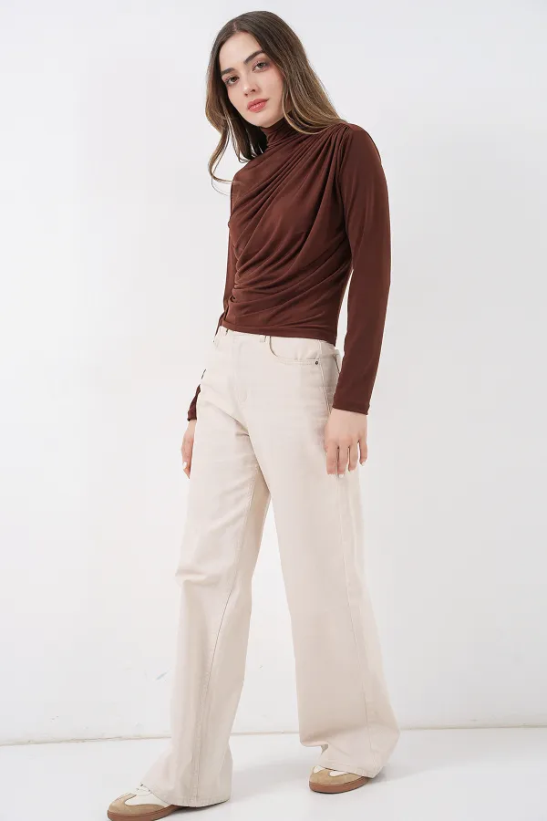 925 Büzgü Detaylı Sandy Bluz - A.Kahve