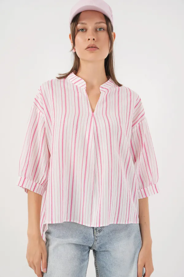 Kadın Çizgili Oversize Bluz 967 - Pudra